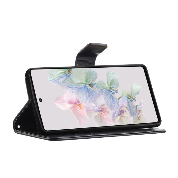 For Google Pixel 7a PU Leather Wallet Phone Case Imprinted Butterfly Flower Pattern Magnetic Closure Stand Flip Cover with Strap - Black