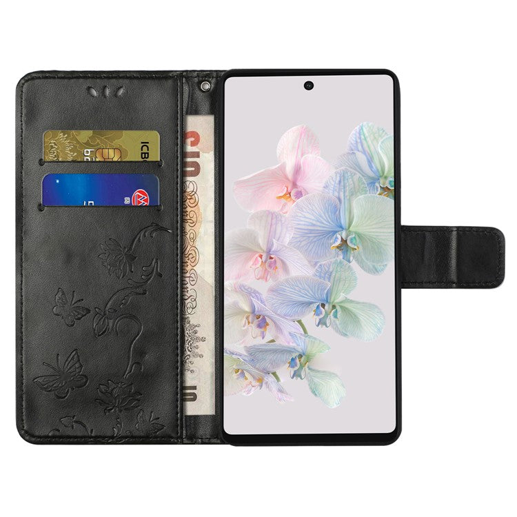 For Google Pixel 7a PU Leather Wallet Phone Case Imprinted Butterfly Flower Pattern Magnetic Closure Stand Flip Cover with Strap - Black