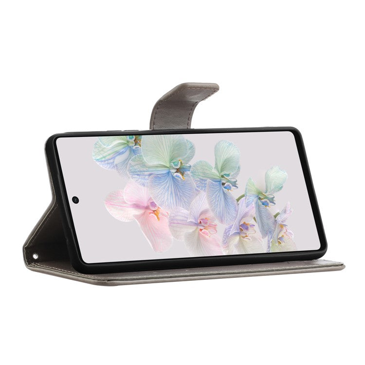 For Google Pixel 7a PU Leather Wallet Phone Case Imprinted Butterfly Flower Pattern Magnetic Closure Stand Flip Cover with Strap - Grey