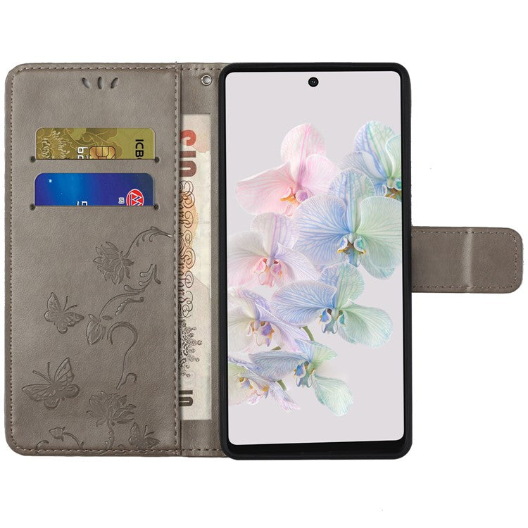 For Google Pixel 7a PU Leather Wallet Phone Case Imprinted Butterfly Flower Pattern Magnetic Closure Stand Flip Cover with Strap - Grey