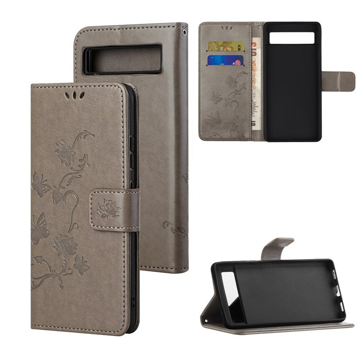 For Google Pixel 7a PU Leather Wallet Phone Case Imprinted Butterfly Flower Pattern Magnetic Closure Stand Flip Cover with Strap - Grey