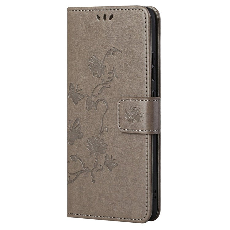 For Google Pixel 7a PU Leather Wallet Phone Case Imprinted Butterfly Flower Pattern Magnetic Closure Stand Flip Cover with Strap - Grey