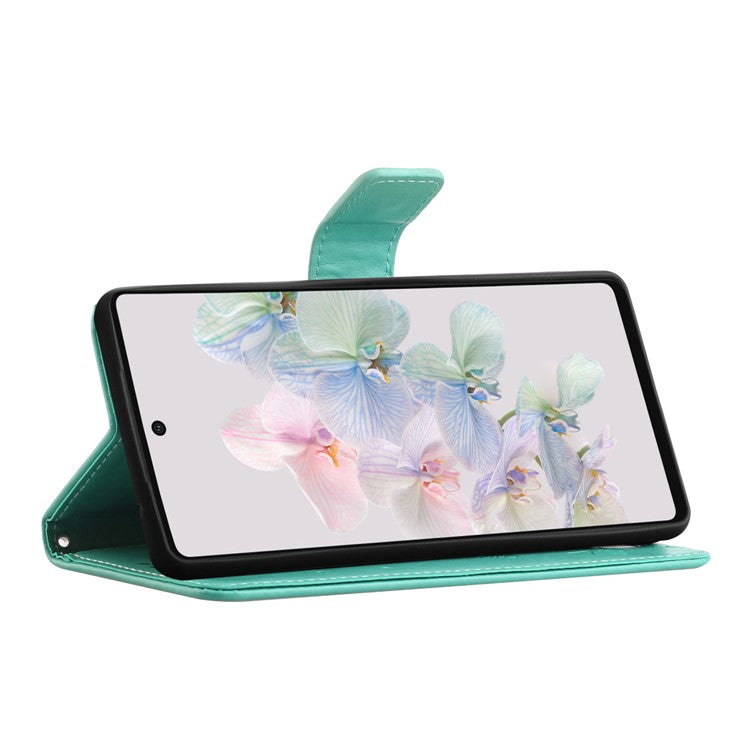 For Google Pixel 7a PU Leather Wallet Phone Case Imprinted Butterfly Flower Pattern Magnetic Closure Stand Flip Cover with Strap - Cyan