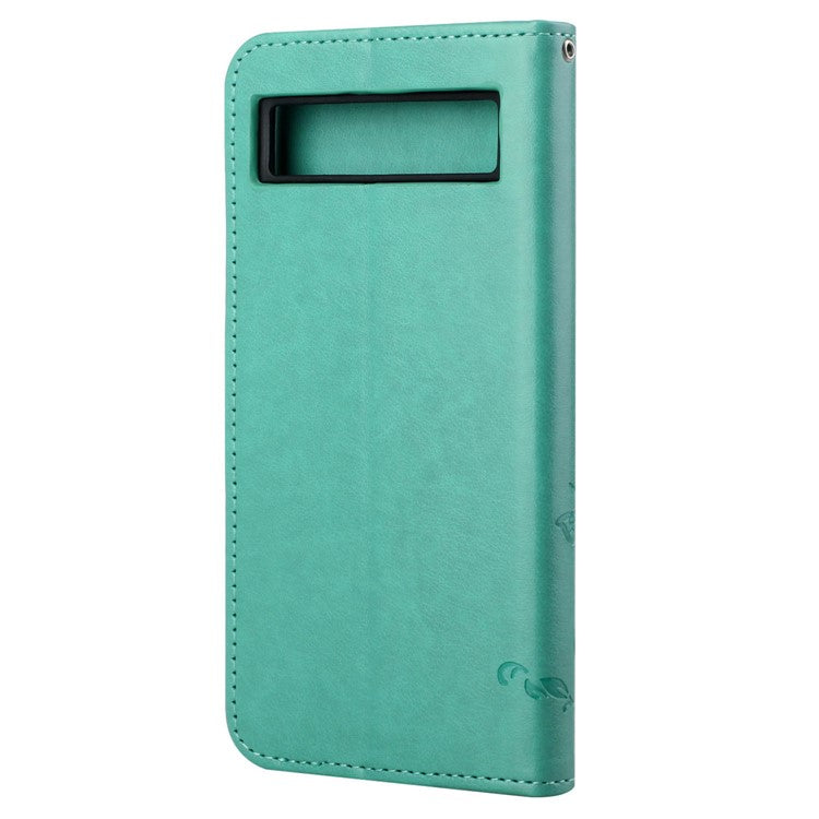 For Google Pixel 7a PU Leather Wallet Phone Case Imprinted Butterfly Flower Pattern Magnetic Closure Stand Flip Cover with Strap - Cyan