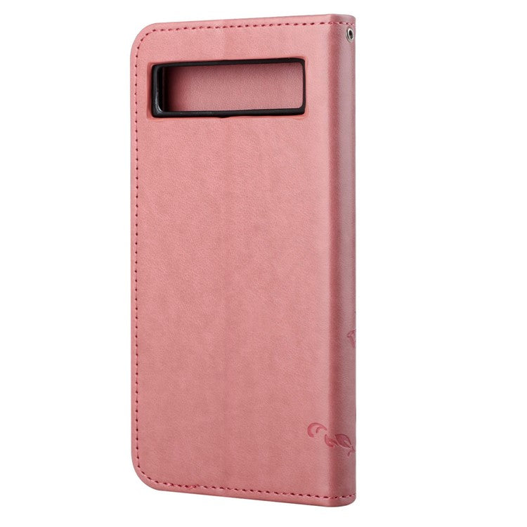 For Google Pixel 7a PU Leather Wallet Phone Case Imprinted Butterfly Flower Pattern Magnetic Closure Stand Flip Cover with Strap - Pink