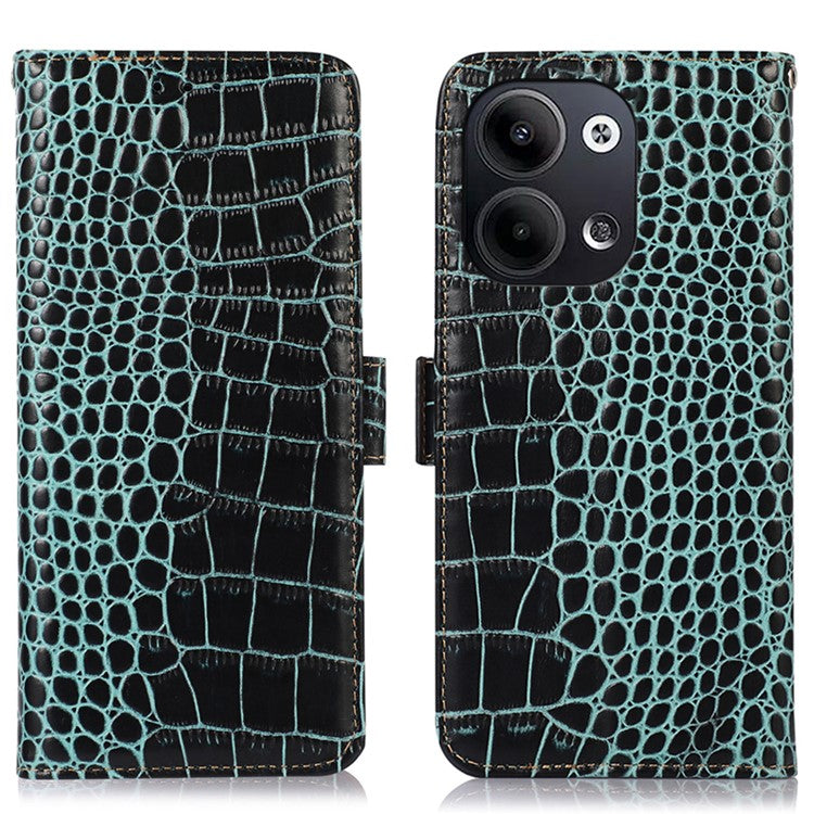 Shockproof Phone Case For Oppo Reno9 Pro 5G / Reno9 5G RFID Blocking Stand Wallet Crocodile Texture Genuine Cowhide Leather Cell Phone Cover - Green
