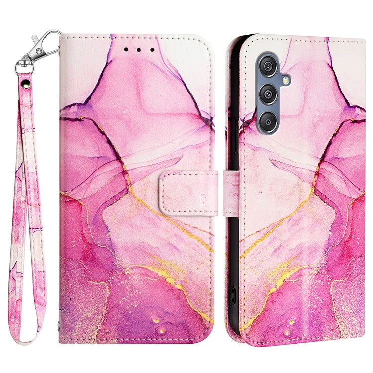 YB Pattern Printing Leather Series-5 for Samsung Galaxy A34 5G Marble Pattern Phone Case Magnetic Clasp PU Leather Wallet Stand Cover with Large Hand Strap - Pink / Purple / Gold 001