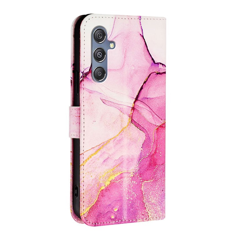 YB Pattern Printing Leather Series-5 for Samsung Galaxy A34 5G Marble Pattern Phone Case Magnetic Clasp PU Leather Wallet Stand Cover with Large Hand Strap - Pink / Purple / Gold 001