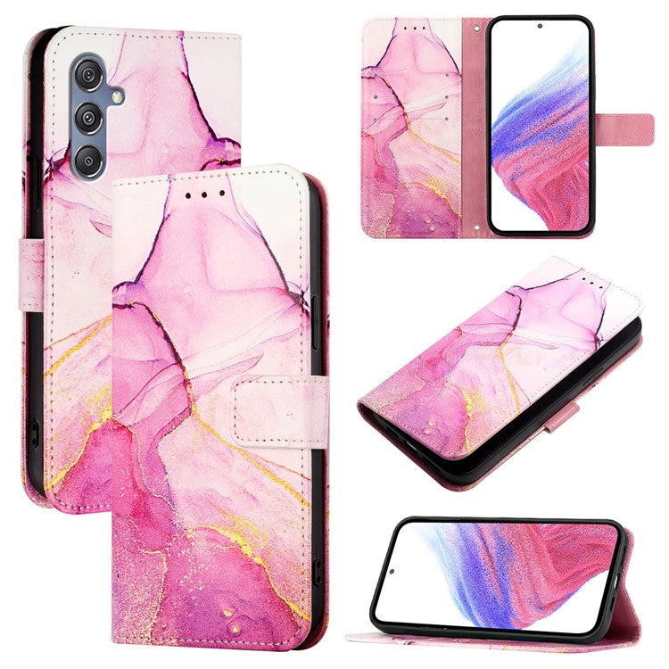 YB Pattern Printing Leather Series-5 for Samsung Galaxy A34 5G Marble Pattern Phone Case Magnetic Clasp PU Leather Wallet Stand Cover with Large Hand Strap - Pink / Purple / Gold 001