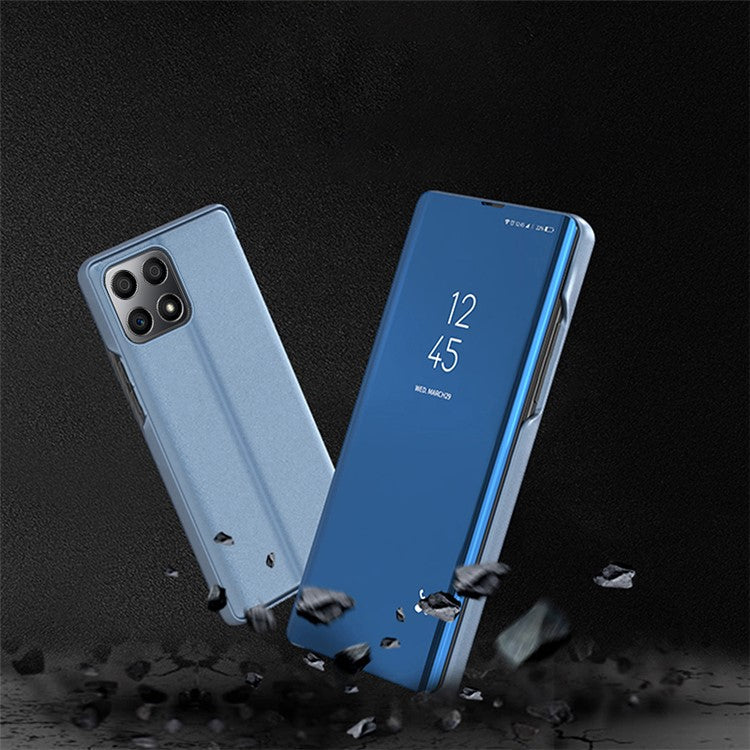 For Honor X8 5G / X6 / 70 Lite View Window PU Leather Case Hands-free Stand Mirror Electroplating Phone Cover Protector - Blue