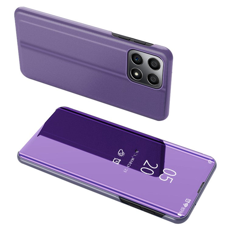 For Honor X8 5G / X6 / 70 Lite View Window PU Leather Case Hands-free Stand Mirror Electroplating Phone Cover Protector - Purple / Blue