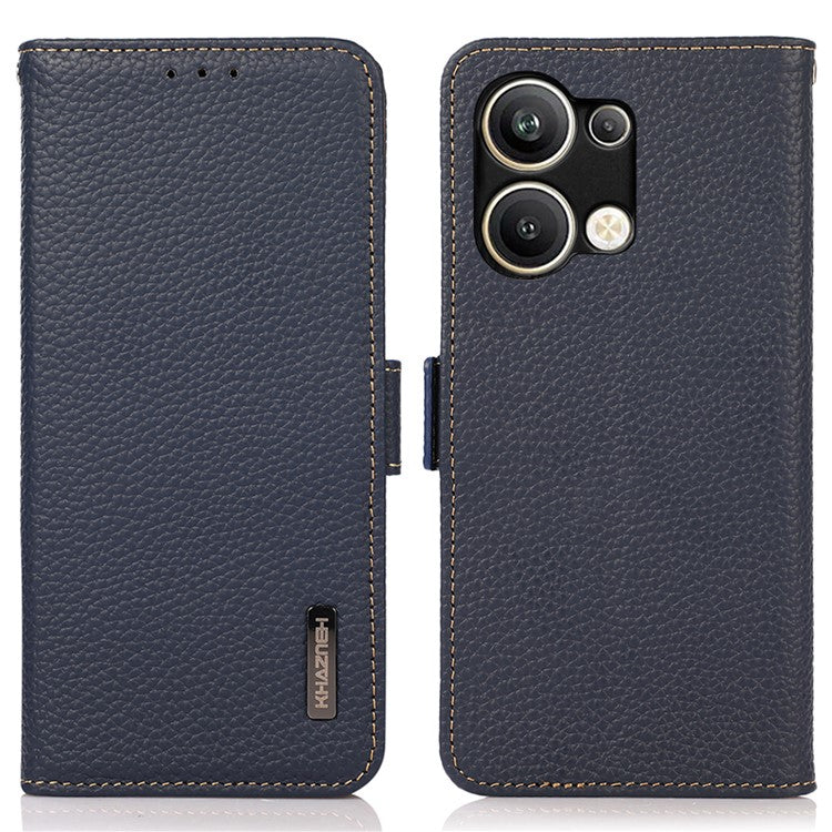 KHAZNEH for Oppo Reno9 Pro+ 5G RFID Blocking Full Protection Wallet Stand Case Litchi Texture Genuine Leather Folio Flip Phone Cover - Blue