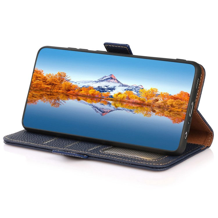 KHAZNEH for Oppo Reno9 Pro+ 5G RFID Blocking Full Protection Wallet Stand Case Litchi Texture Genuine Leather Folio Flip Phone Cover - Blue