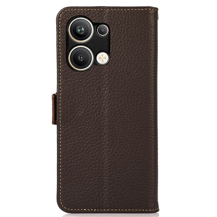 KHAZNEH for Oppo Reno9 Pro+ 5G RFID Blocking Full Protection Wallet Stand Case Litchi Texture Genuine Leather Folio Flip Phone Cover - Brown