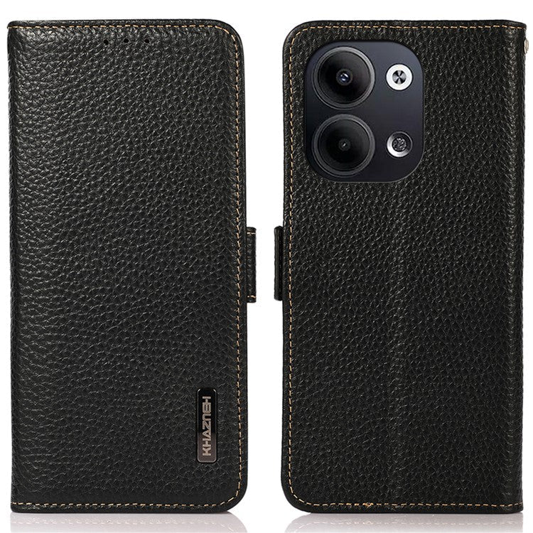 KHAZNEH for Oppo Reno9 5G / Reno9 Pro 5G RFID Blocking Phone Case Litchi Texture Genuine Leather Stand Wallet Shockproof Cover - Black