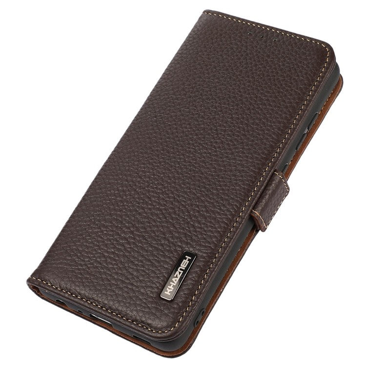 KHAZNEH for Oppo Reno9 5G / Reno9 Pro 5G RFID Blocking Phone Case Litchi Texture Genuine Leather Stand Wallet Shockproof Cover - Brown