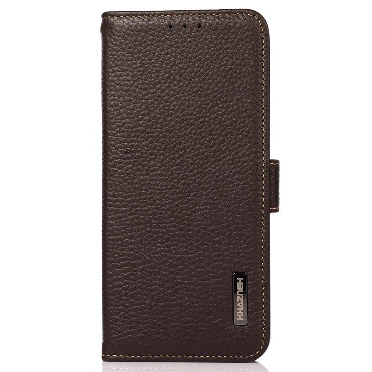 KHAZNEH for Oppo Reno9 5G / Reno9 Pro 5G RFID Blocking Phone Case Litchi Texture Genuine Leather Stand Wallet Shockproof Cover - Brown