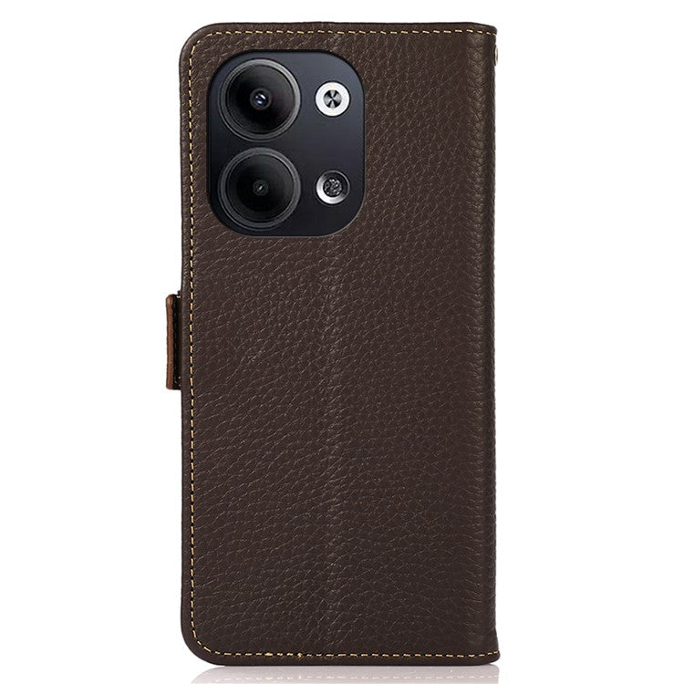 KHAZNEH for Oppo Reno9 5G / Reno9 Pro 5G RFID Blocking Phone Case Litchi Texture Genuine Leather Stand Wallet Shockproof Cover - Brown