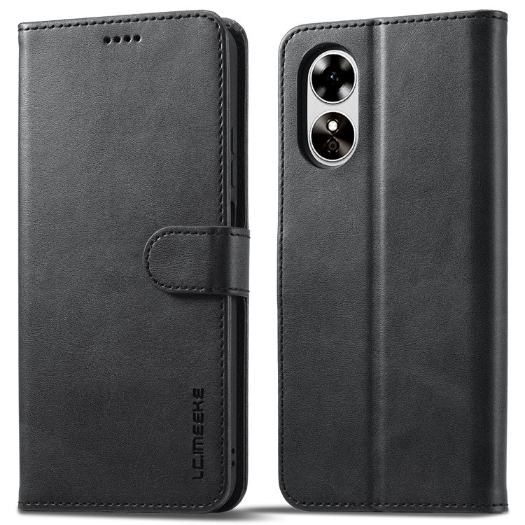 LC.IMEEKE For Oppo A17 4G / A17k 4G Calf Texture Case Wallet Stand Design Magnetic Clasp Leather Phone Cover - Black