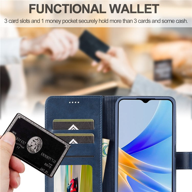 LC.IMEEKE For Oppo A17 4G / A17k 4G Calf Texture Case Wallet Stand Design Magnetic Clasp Leather Phone Cover - Blue