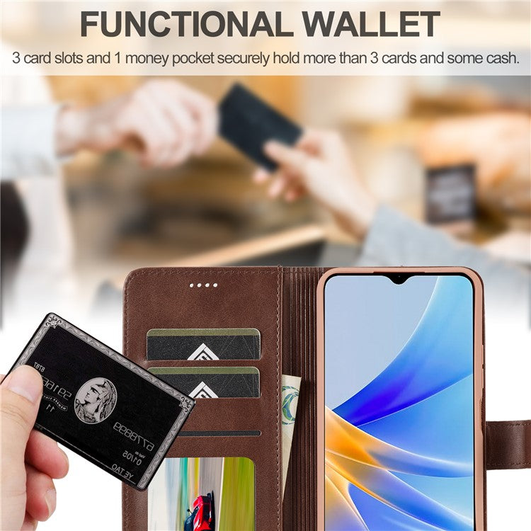 LC.IMEEKE For Oppo A17 4G / A17k 4G Calf Texture Case Wallet Stand Design Magnetic Clasp Leather Phone Cover - Brown