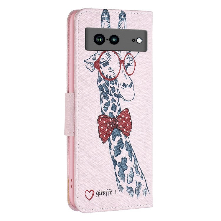 BF Pattern Printing Leather Series-1 for Google Pixel 7a Anti-fall Phone Case Stand PU Leather Wallet Pattern Imprinted Magnetic Closure Flip Phone Cover - Giraffe