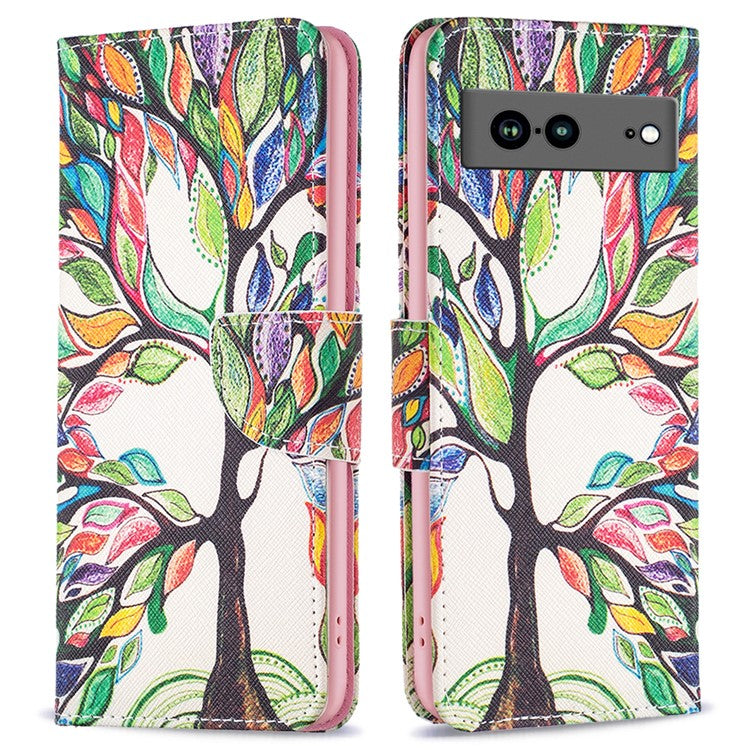 BF Pattern Printing Leather Series-1 for Google Pixel 7a Anti-fall Phone Case Stand PU Leather Wallet Pattern Imprinted Magnetic Closure Flip Phone Cover - Life Tree