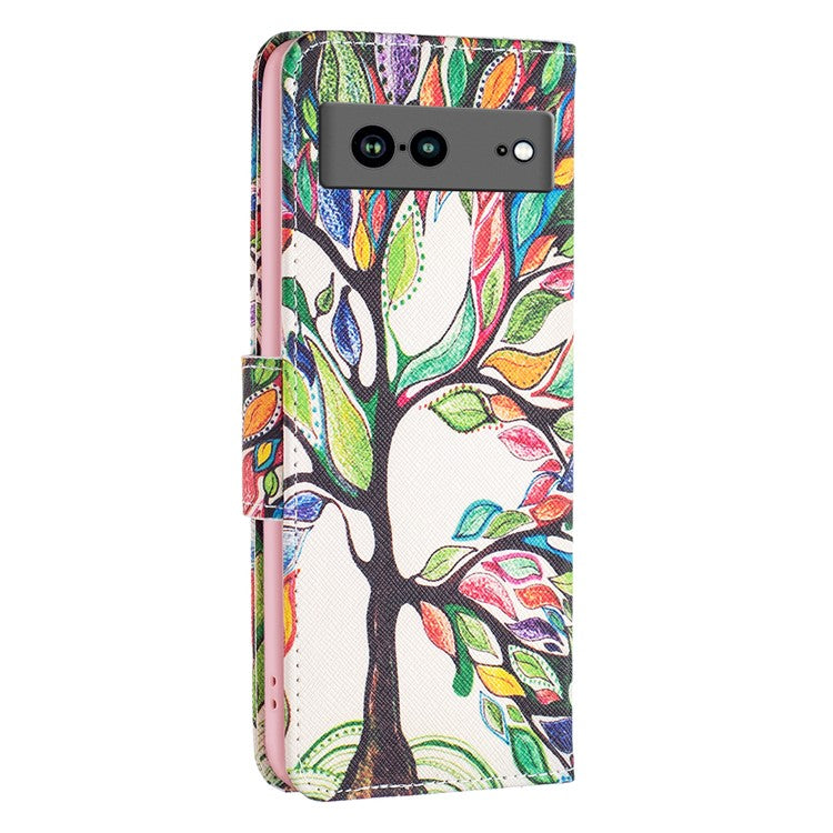 BF Pattern Printing Leather Series-1 for Google Pixel 7a Anti-fall Phone Case Stand PU Leather Wallet Pattern Imprinted Magnetic Closure Flip Phone Cover - Life Tree