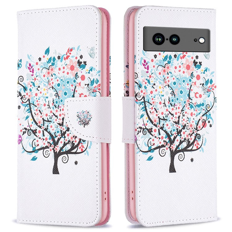BF Pattern Printing Leather Series-1 for Google Pixel 7a Anti-fall Phone Case Stand PU Leather Wallet Pattern Imprinted Magnetic Closure Flip Phone Cover -  Flower Tree