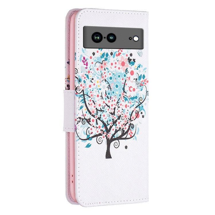 BF Pattern Printing Leather Series-1 for Google Pixel 7a Anti-fall Phone Case Stand PU Leather Wallet Pattern Imprinted Magnetic Closure Flip Phone Cover -  Flower Tree
