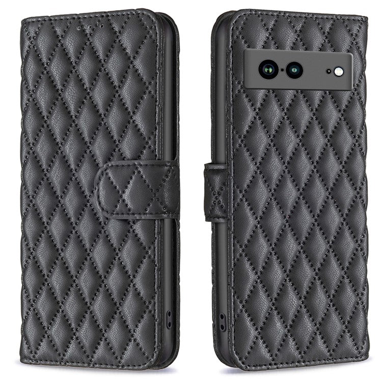 BINFEN COLOR BF Style-14 Anti-fall Phone Case For Google Pixel 7a Imprinted Rhombus Pattern PU Leather Wallet Stand Magnetic Closure Flip Folio Phone Cover - Black