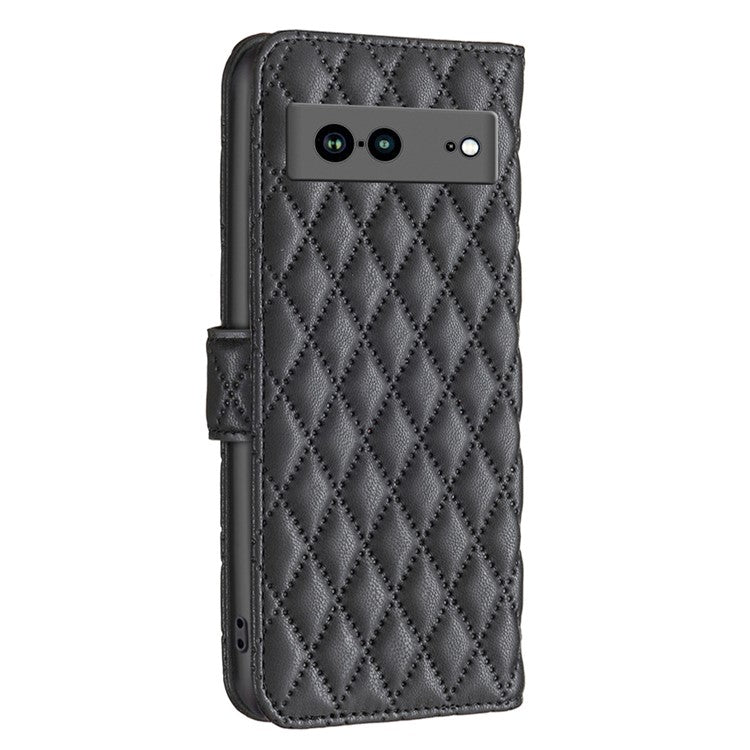 BINFEN COLOR BF Style-14 Anti-fall Phone Case For Google Pixel 7a Imprinted Rhombus Pattern PU Leather Wallet Stand Magnetic Closure Flip Folio Phone Cover - Black