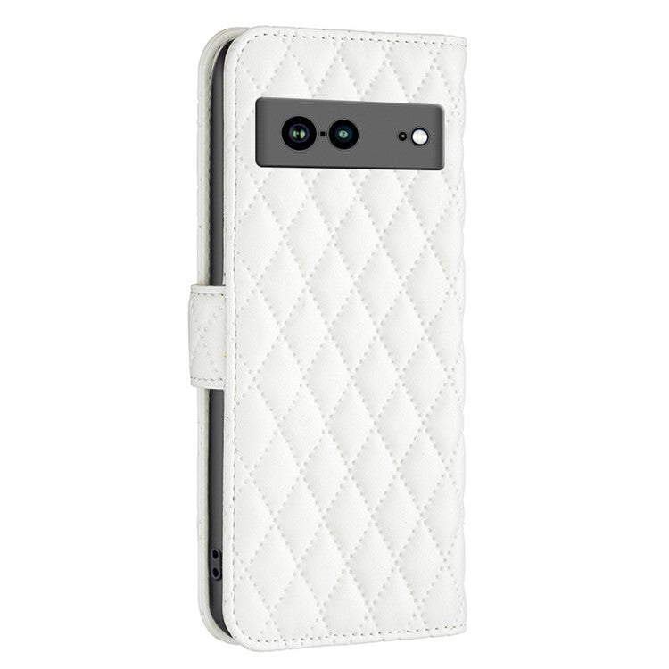 BINFEN COLOR BF Style-14 Anti-fall Phone Case For Google Pixel 7a Imprinted Rhombus Pattern PU Leather Wallet Stand Magnetic Closure Flip Folio Phone Cover - White