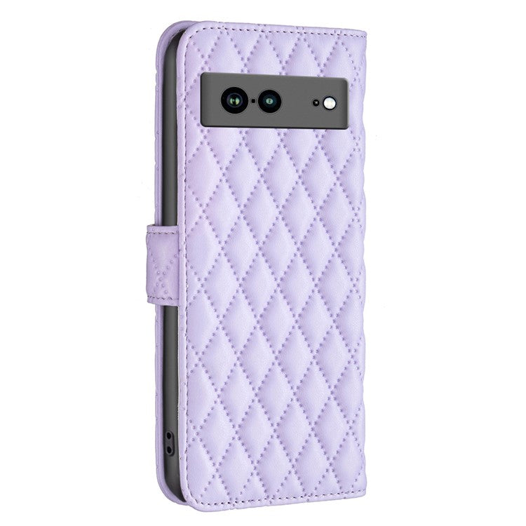 BINFEN COLOR BF Style-14 Anti-fall Phone Case For Google Pixel 7a Imprinted Rhombus Pattern PU Leather Wallet Stand Magnetic Closure Flip Folio Phone Cover - Purple