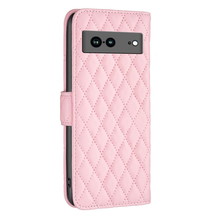 BINFEN COLOR BF Style-14 Anti-fall Phone Case For Google Pixel 7a Imprinted Rhombus Pattern PU Leather Wallet Stand Magnetic Closure Flip Folio Phone Cover - Pink