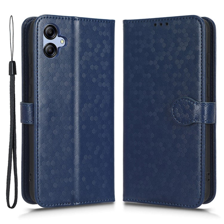 For Samsung Galaxy A04e 4G / F04 4G / M04 4G Dot Pattern Imprinted Phone Cover Anti-shock Protective PU Leather Phone Wallet Case Stand with Strap - Dark Blue