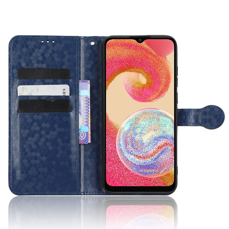 For Samsung Galaxy A04e 4G / F04 4G / M04 4G Dot Pattern Imprinted Phone Cover Anti-shock Protective PU Leather Phone Wallet Case Stand with Strap - Dark Blue