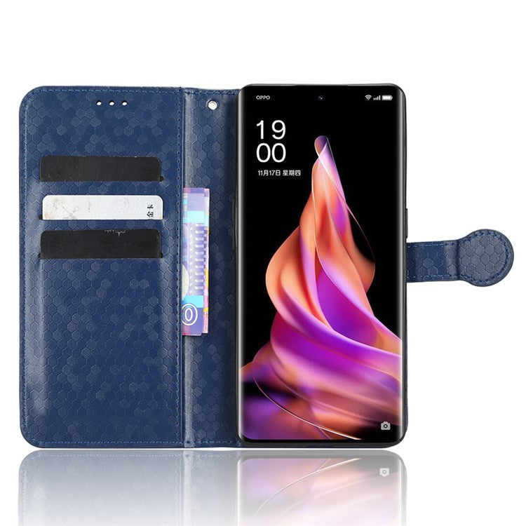 Protective Phone Case For Oppo Reno9 Pro+ 5G Flip Leather Wallet Dot Pattern Imprinted Phone Cover Stand with Strap - Dark Blue