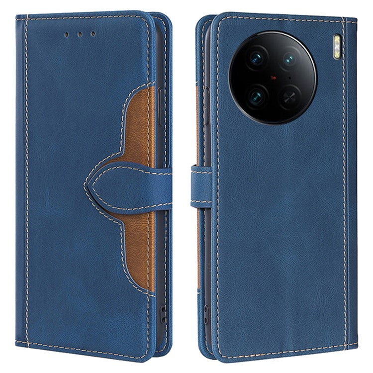 For vivo X90 Pro+ 5G Skin-touch Feeling Stand Wallet PU Leather Case Straw Hat Design Magnetic Clasp Phone Cover - Blue