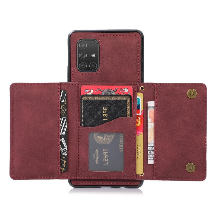 For Samsung Galaxy A51 5G SM-A516 Tri-fold Wallet Anti-scratch Phone Case PU Leather Coated TPU Kickstand Cover - Wine Red
