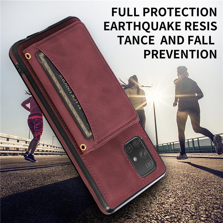 For Samsung Galaxy A51 5G SM-A516 Tri-fold Wallet Anti-scratch Phone Case PU Leather Coated TPU Kickstand Cover - Wine Red