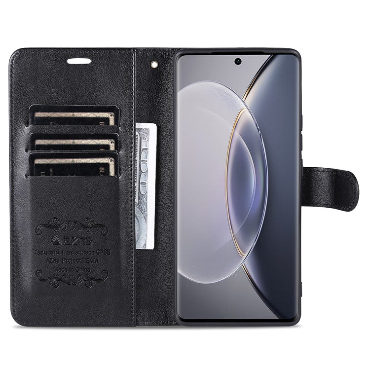 AZNS Textured PU Leather Stand Case for vivo X90 5G, Magnetic Clasp Shockproof Wallet Phone Cover - Black