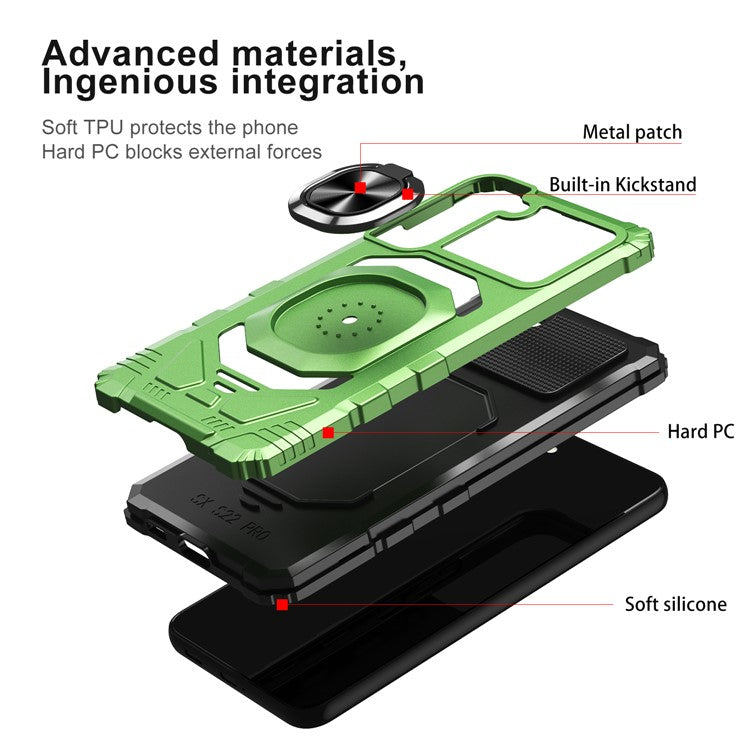 Bulk Purchasing PC + TPU Anti-Scratch Back Cover Kickstand for Samsung Galaxy S22 5G Mobile Phone Case - Green