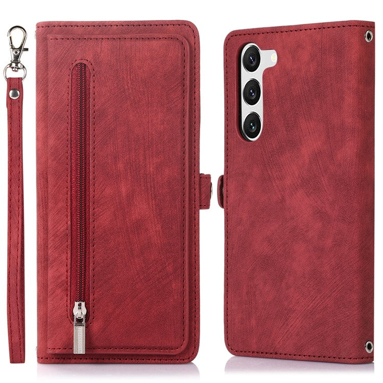 For Samsung Galaxy S23 Zipper Pocket Wallet 9 Card Slots Multifunctional Phone Case PU Leather Stand Phone Cover with Wrist Strap - Red