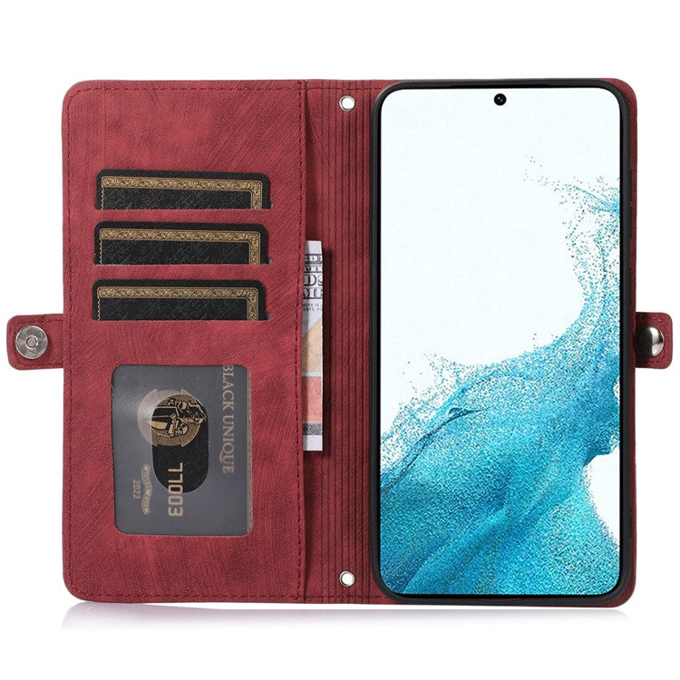 For Samsung Galaxy S23 Zipper Pocket Wallet 9 Card Slots Multifunctional Phone Case PU Leather Stand Phone Cover with Wrist Strap - Red