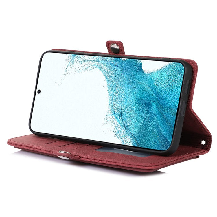 For Samsung Galaxy S23 Zipper Pocket Wallet 9 Card Slots Multifunctional Phone Case PU Leather Stand Phone Cover with Wrist Strap - Red