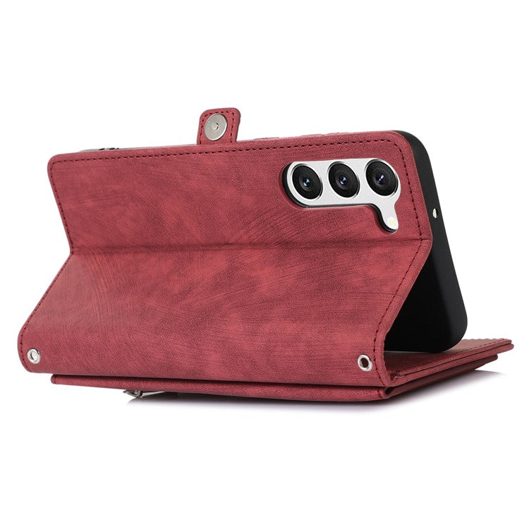 For Samsung Galaxy S23 Zipper Pocket Wallet 9 Card Slots Multifunctional Phone Case PU Leather Stand Phone Cover with Wrist Strap - Red