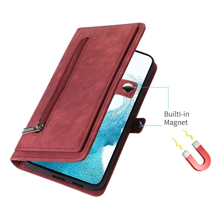 For Samsung Galaxy S23 Zipper Pocket Wallet 9 Card Slots Multifunctional Phone Case PU Leather Stand Phone Cover with Wrist Strap - Red
