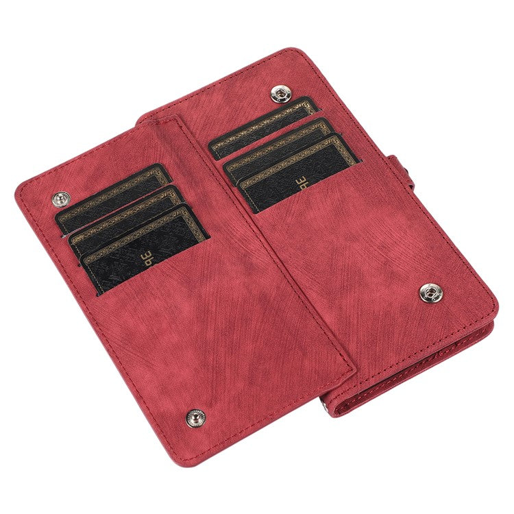 For Samsung Galaxy S23 Zipper Pocket Wallet 9 Card Slots Multifunctional Phone Case PU Leather Stand Phone Cover with Wrist Strap - Red