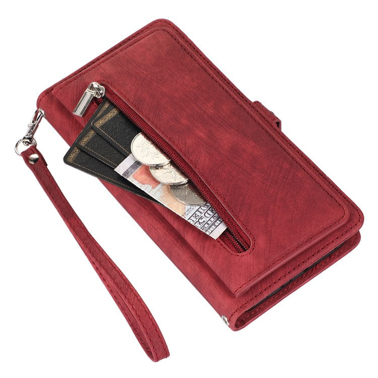 For Samsung Galaxy S23 Zipper Pocket Wallet 9 Card Slots Multifunctional Phone Case PU Leather Stand Phone Cover with Wrist Strap - Red